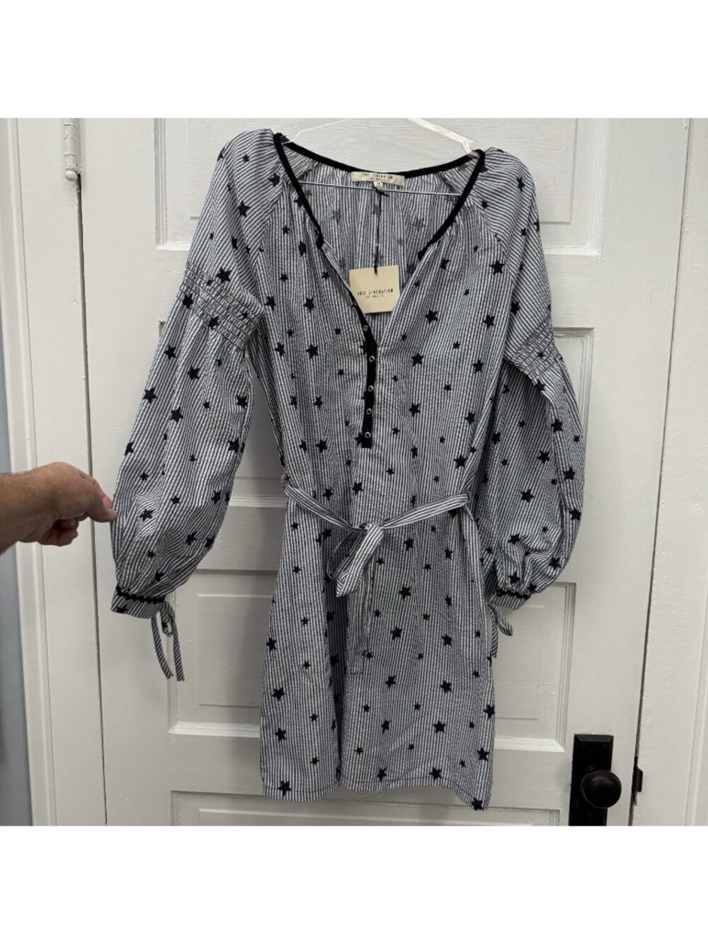 Free Generation NWT Womens M Cotton Star Stripe Belted Mini Dress Balloon Sleeve